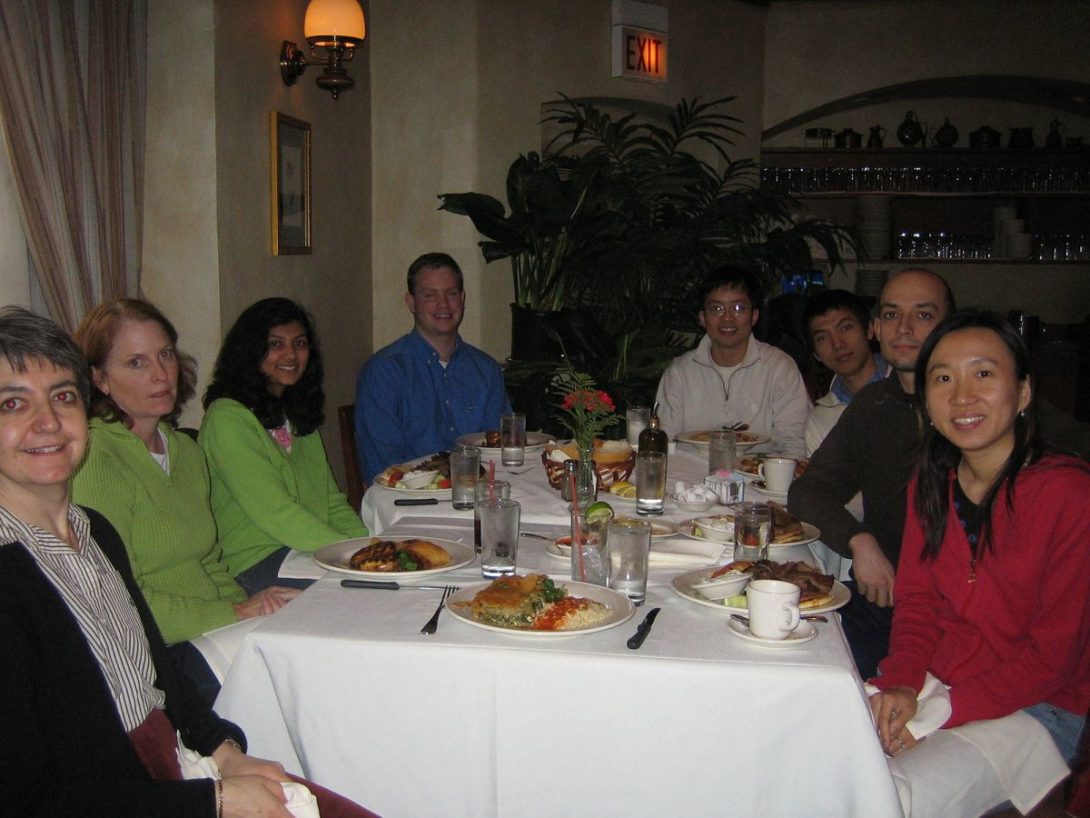 Several NLP Lab members around a table in a restaurant for lunch